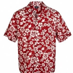 George Camp Shirt Mens 2XL Red Hibiscus Floral Short Sleeve Rayon Button Up